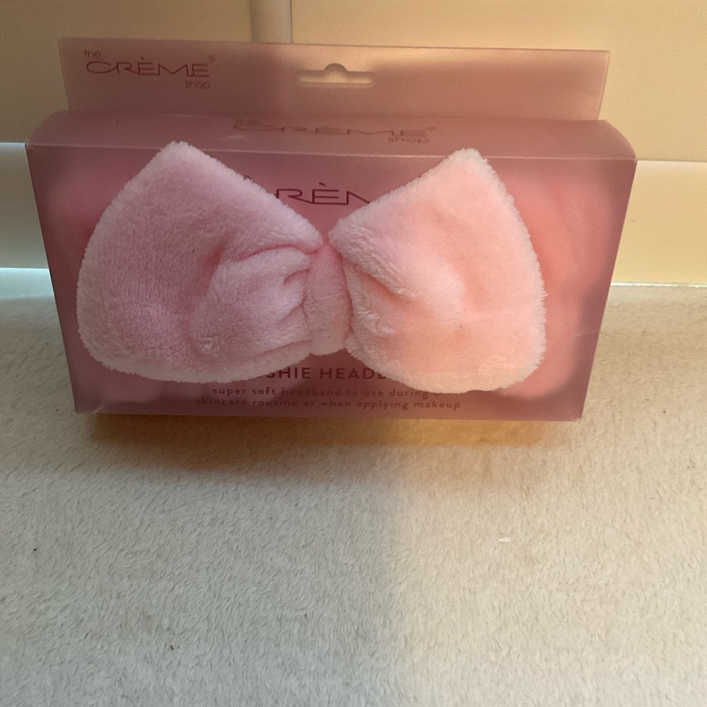 The Crème Shop Pink Plush Bow Headband - Soft Makeup Hair Wrap